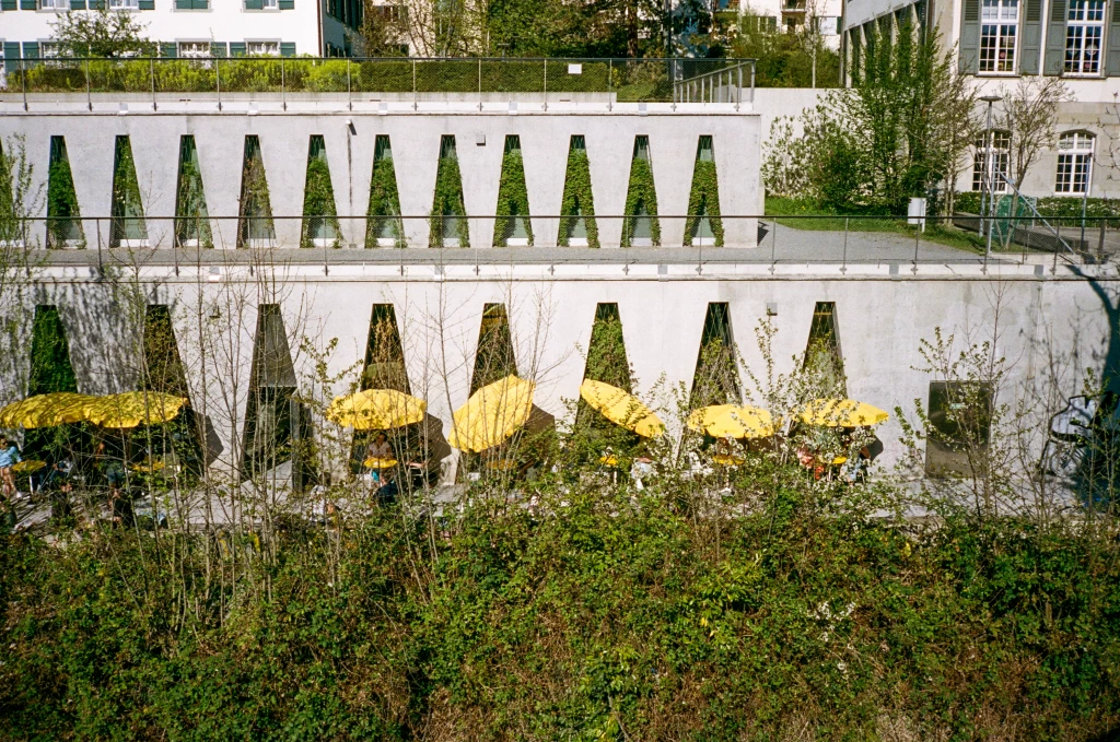 Blick von Weitem auf das Tanzhaus. Man sieht Fenster in trapezform und gelbe Sonnenschirme hinter Bäumen.