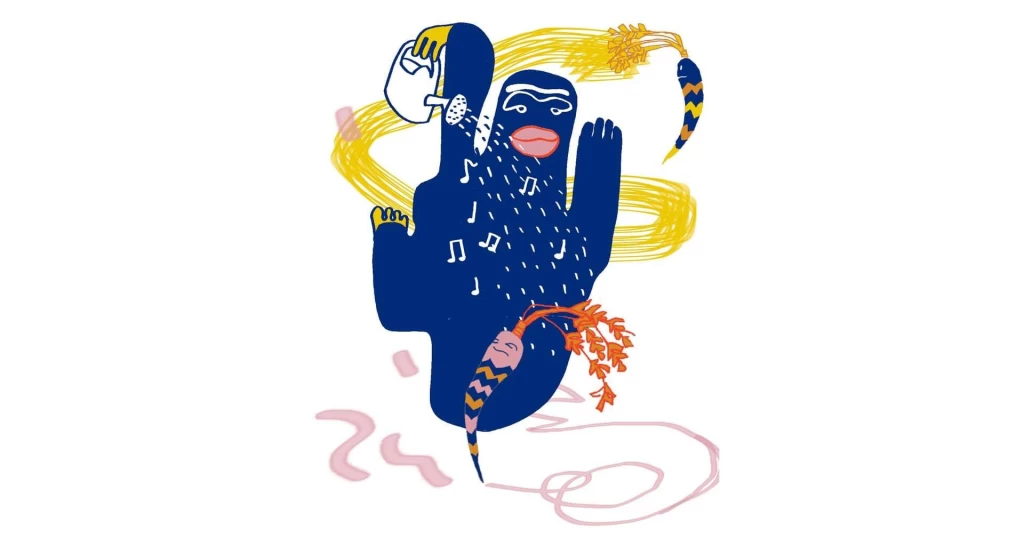 Bunte Illustration einer tanzenden Figur mit erhobenem Arm, umgeben von gelben Notenschwüngen und einer orangen Bewegungslinie.