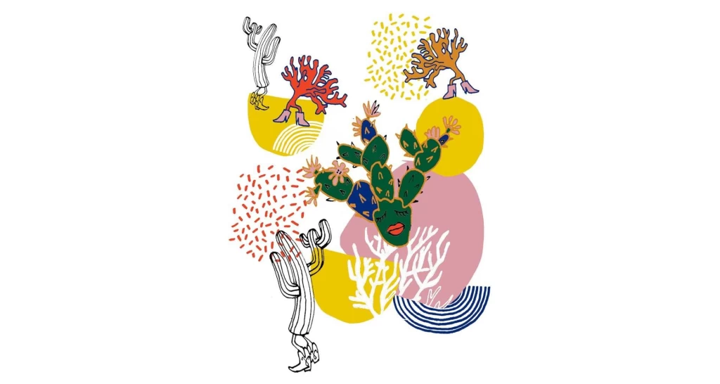 Bunte Collagen-Illustration mit einem Kaktus in der Mitte, umgeben von abstrakten Korallen- und Feuerformen, einer Giraffen-Strichzeichnung, gepunkteten Mustern und geschwungenen Formen in Gelb, Rosa, Rot und Blau. Links stehen zwei kleine, gezeichnete Figuren in tänzerischen Posen.