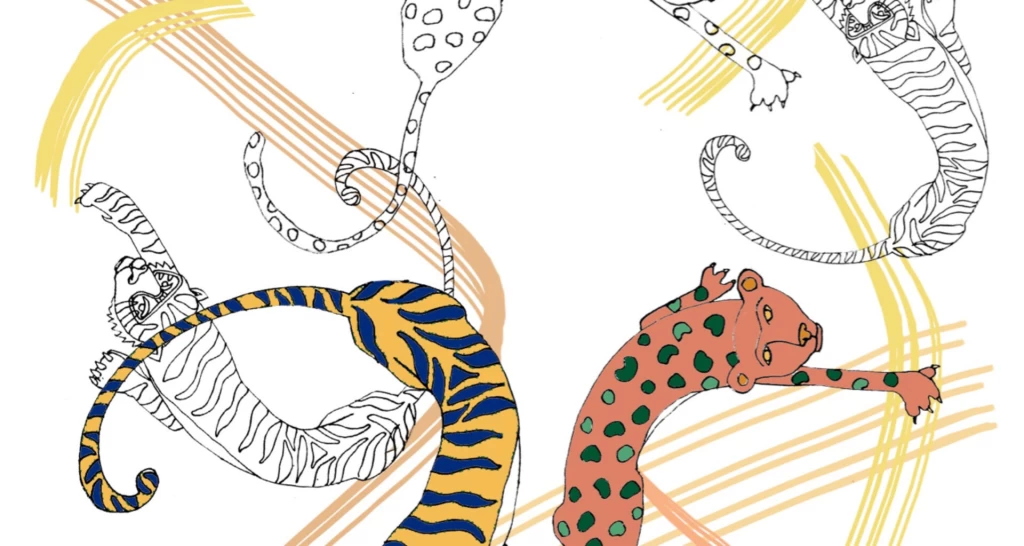 Strichzeichnung mit drei ineinander verschlungenen, tierisch gemusterten Figuren in tänzerischen Posen: eine gefleckte, giraffenartige Gestalt oben, eine gestreifte, tigerartige Gestalt in der Mitte und eine gepunktete, leopardenartige Gestalt unten rechts, verbunden durch geschwungene gelbe Bewegungslinien.