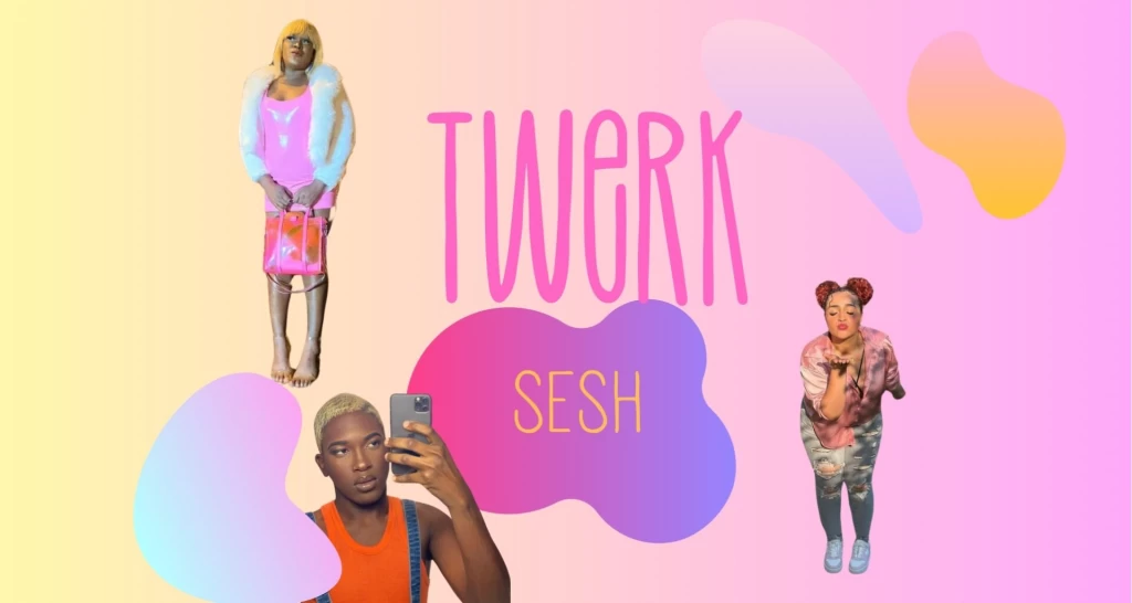 Grafik mit rosafarbenem Farbverlauf und abstrakten Farbflächen. Drei unterschiedlich gekleidete Personen sind um den grossen Schriftzug «TWERK SESH» angeordnet.